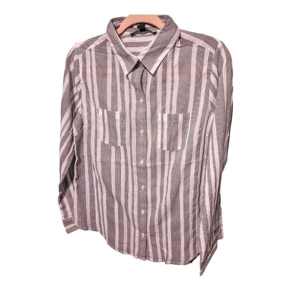 Navy/White Button Up Long Sleeve Blouse Women Teen Size S Office Casual Dinner - Picture 2 of 6